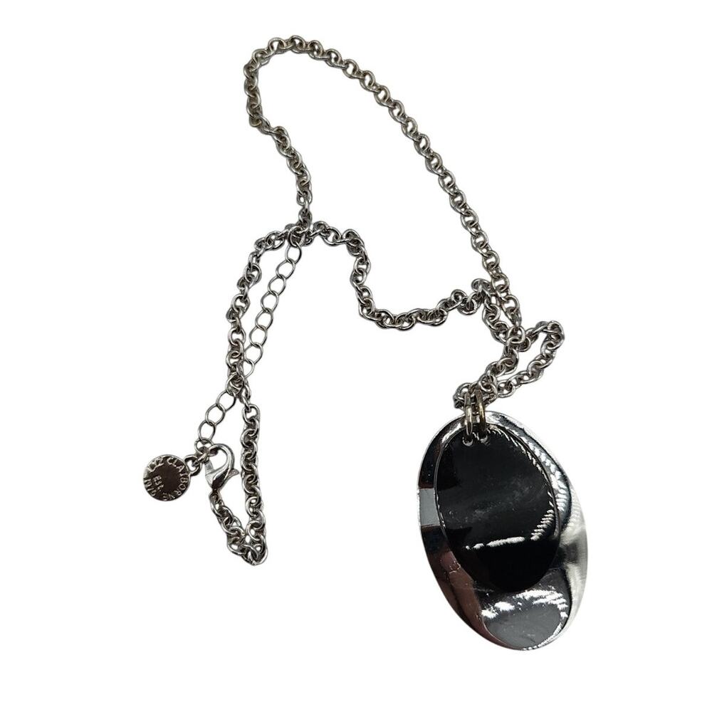 Liz Claiborne Pendant Necklace Silver Tone Black Oval Chain VIntage Jewelry